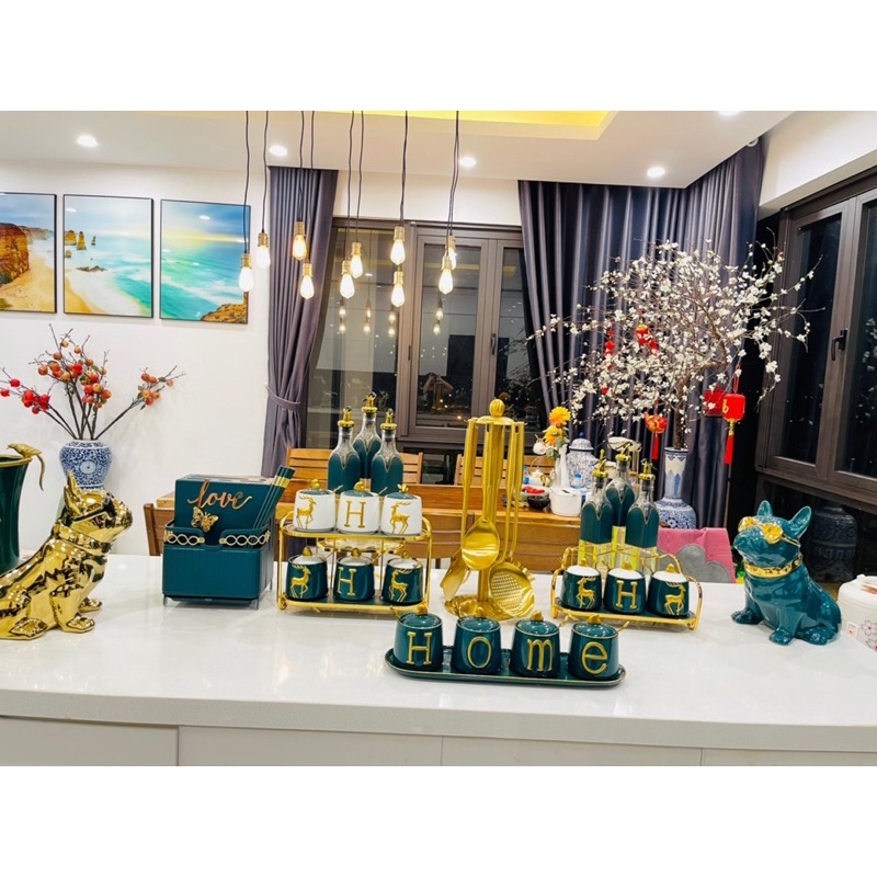Bộ gia vị nhà bếp sứ sương viền vàng hình hươu - Hũ gia vị đẹp - Decor bếp