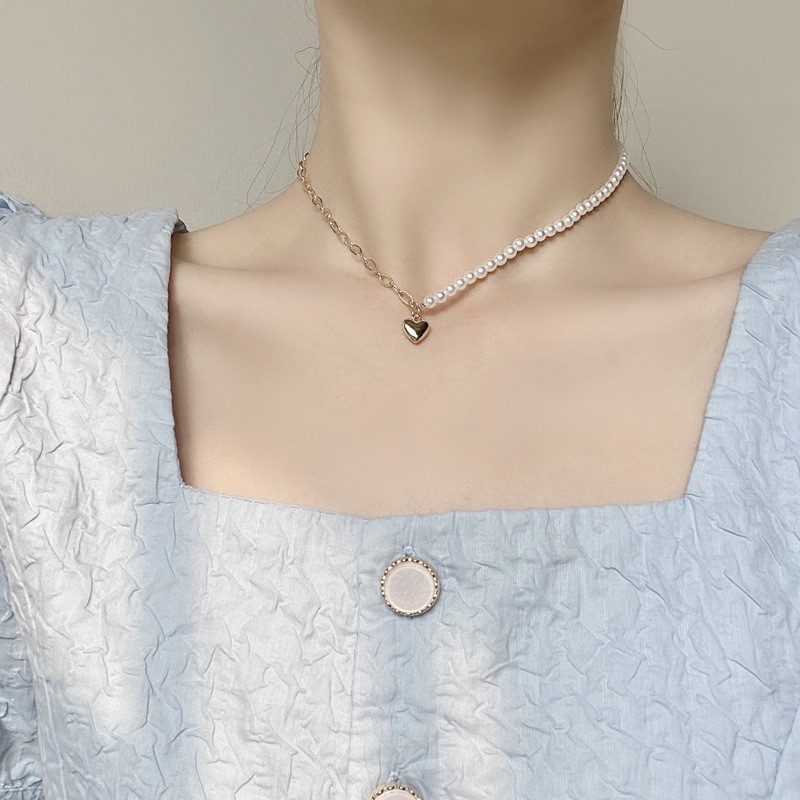 Vòng cổ dây chuyền hạt ngọc trai mặt trái tim mạ vàng nữ tính - Mely 1422
