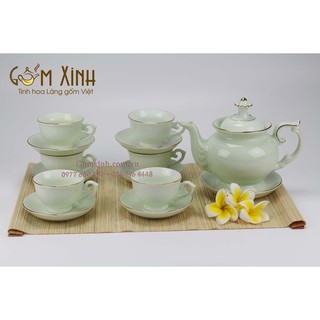 Ấm chén Bát Tràng_Bộ bình trà Phú Quý men xanh ngọc vàng kim