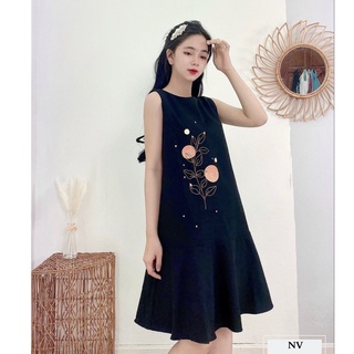 Đầm Nữ NHẬT VY Suông Sát Nách Thêu Có Đuôi Cá Chất Cát Giấy Màu Nude, Đen - D1535