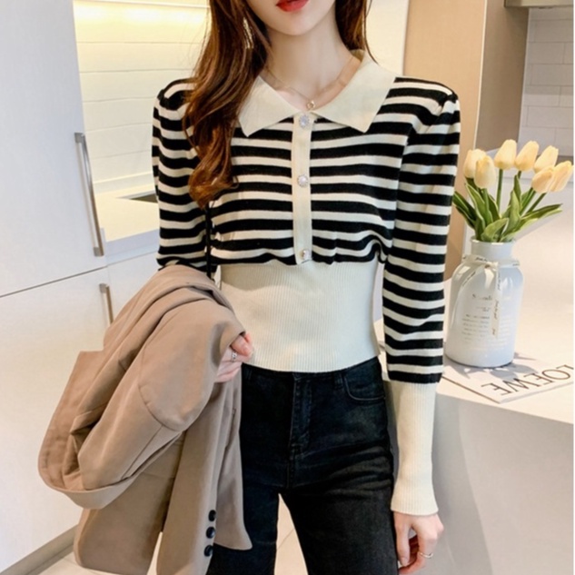 【ZHELIHANGFEI】Áo Sweater Cổ POLO Tay Dài Ôm Eo Họa Tiết Kẻ Sọc Phong Cách Sang Trọng