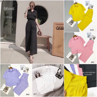 Bộ đũi áo sơ mi cộc tay quần xuông dài, set bộ sơ mi đũi cổ đức 2 túi - myna pyjamas