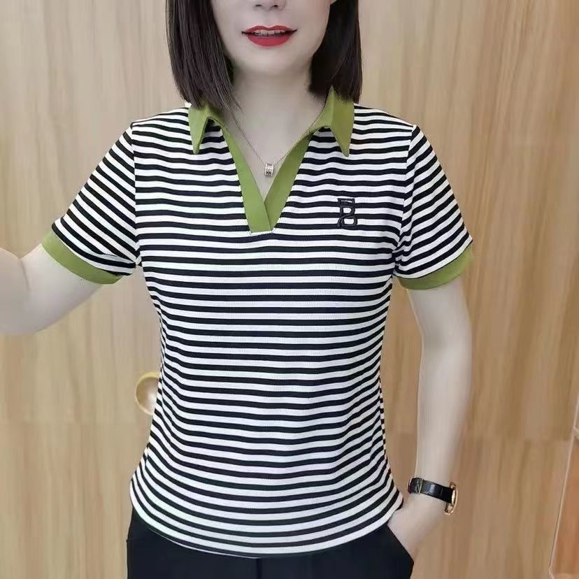 Áo Thun polo Dáng Rộng Họa Tiết Kẻ Sọc Phong Cách Phương Tây Thời Trang Mùa Hè Cho Phụ Nữ Trung Niên