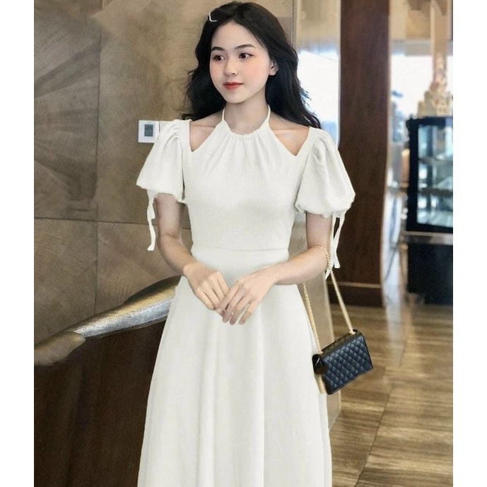 Đầm midi dress trắng dự tiệc nơ cổ tiểu thư ULZZANG xinh xỉu