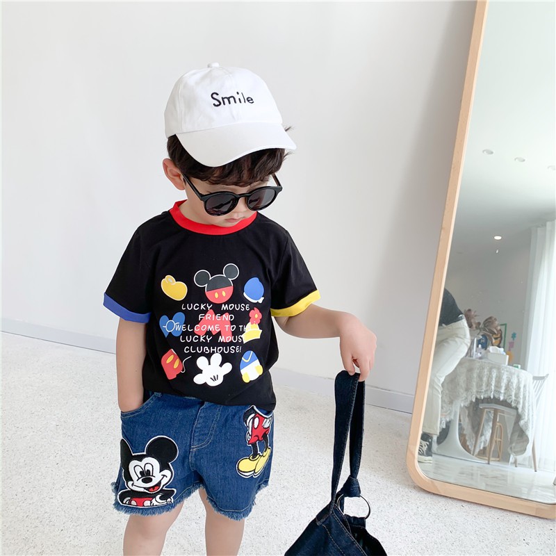 Quần Short Jean Thêu Hình Chuột Mickey Xinh Xắn Phong Cách Hàn Quốc Cho Bé