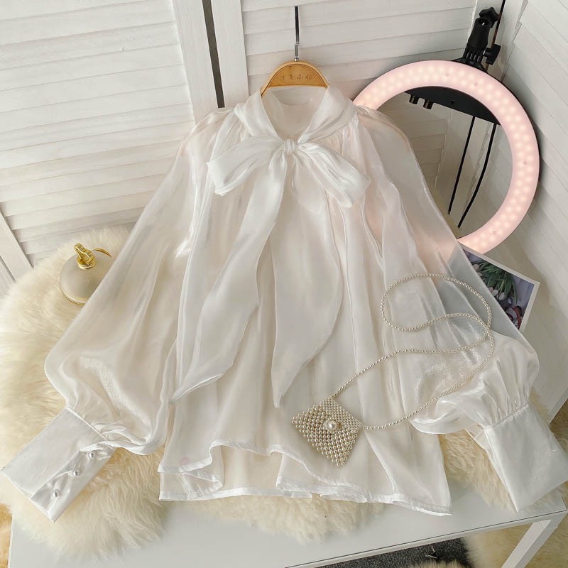 - Áo sơ mi tay bồng cổ nơ tiểu thư ulzzang organza- SM50 - jannahouse