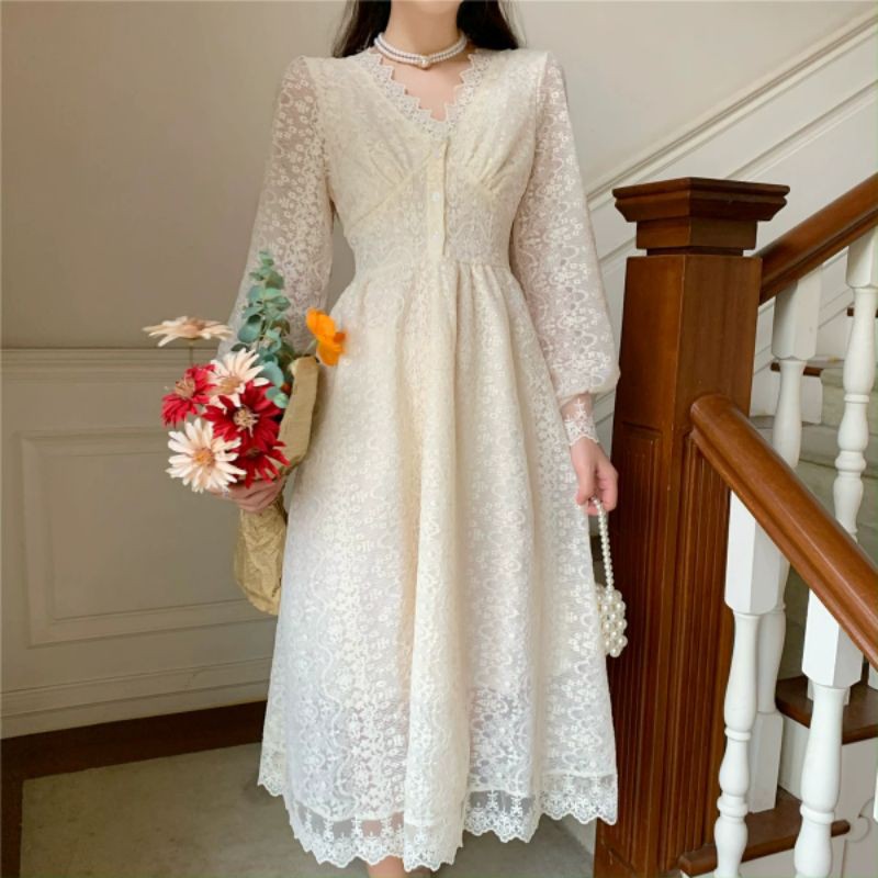 Đầm trắng công chúa phối ren cổ chữ V [ ORDER TAOBAO]
