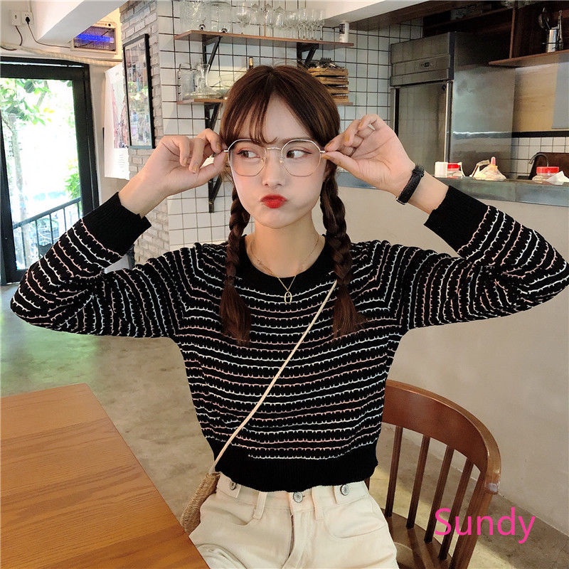 Áo sweater dài tay kẻ sọc thời trang mùa thu Hàn Quốc xinh xắn cho bé gái