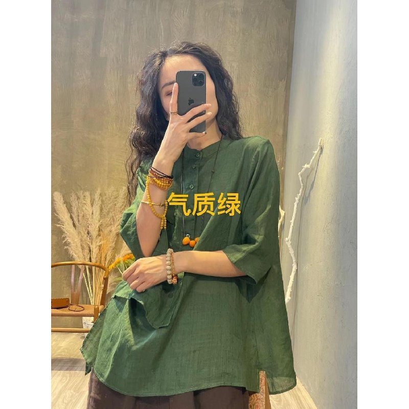 Áo Sơ Mi Vải Lanh Cotton Mỏng Dáng Rộng Tay Lỡ 2 Thiết Kế Kiểu Retro Cho Nữ