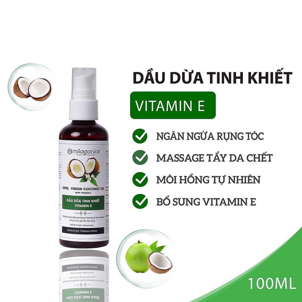 Dầu Dừa Tinh Khiết Vitamin E Milaganics Chai 100ml