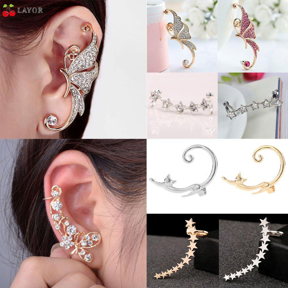 1 Đôi Khuyên Kẹp Vành Tai Hình Hoa/ Mèo/ Bướm Đính Đá Thời Trang Cho Nữ|Khuyên Tai