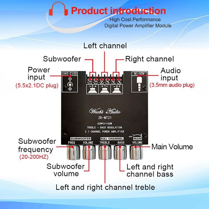 Bảng Mạch Khuếch Đại Âm Thanh Kỹ Thuật Số ZK-MT21 2.1 BT5.0 + AUX TPA3116 50Wx2 + 100W Công Suất Cao