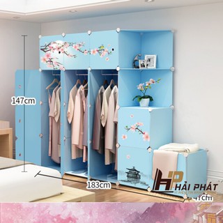 Tủ nhựa lắp ghép đa năng 15 ô và 2 kệ góc sâu 47cm màu xanh có họa tiết hoa anh đào