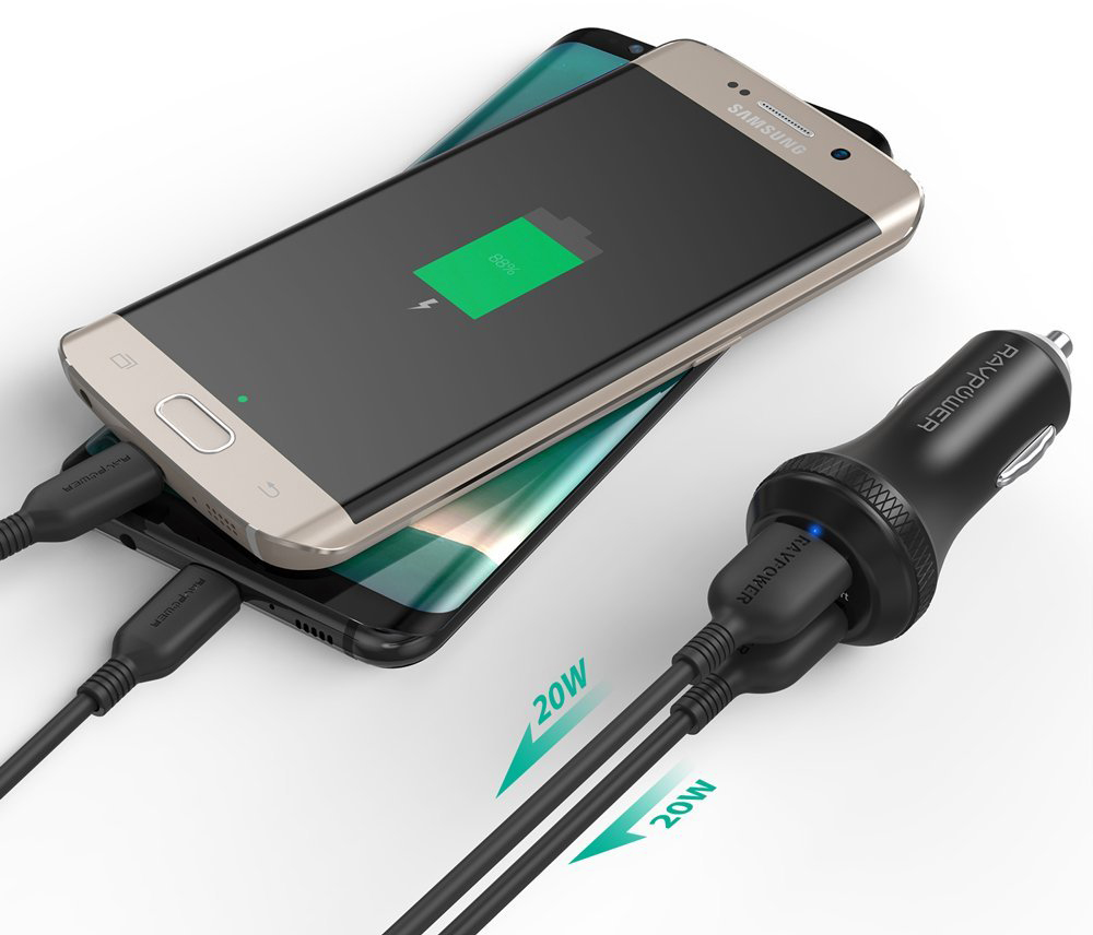 Củ Sạc Điện Thoại Trên Ô Tô Xe Hơi RAVPower 2 Cổng 40W, Quick Charge 3.0 - RP-VC007 - Hàng Chính Hãng
