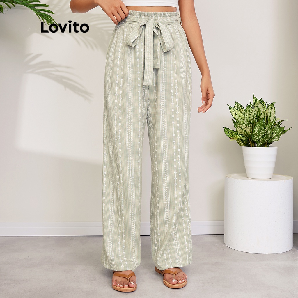 Quần Lovito lưng cao có thắt lưng in họa tiết hoa phong cách thường ngày L27LD027 (màu xanh lá cây nhạt)