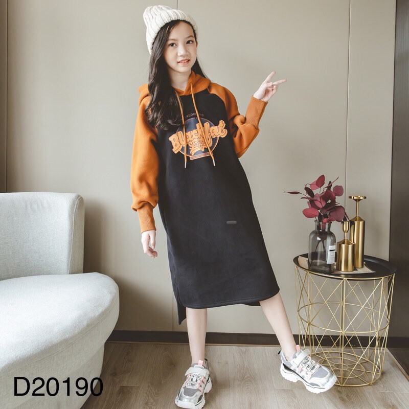 Váy nỉ dài tay cho bé gái BEESHOP phong cách hàn quốc có mũ size đại D20190