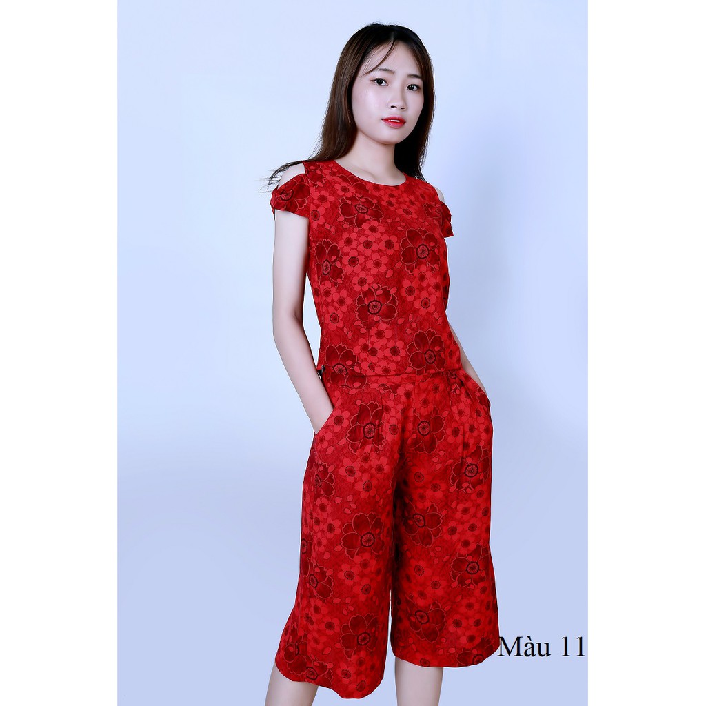 Bộ mặc nhà lanh (tole) Vicci BST.075 cao cấp, áo croptop phối quần sớ trẻ in họa tiết