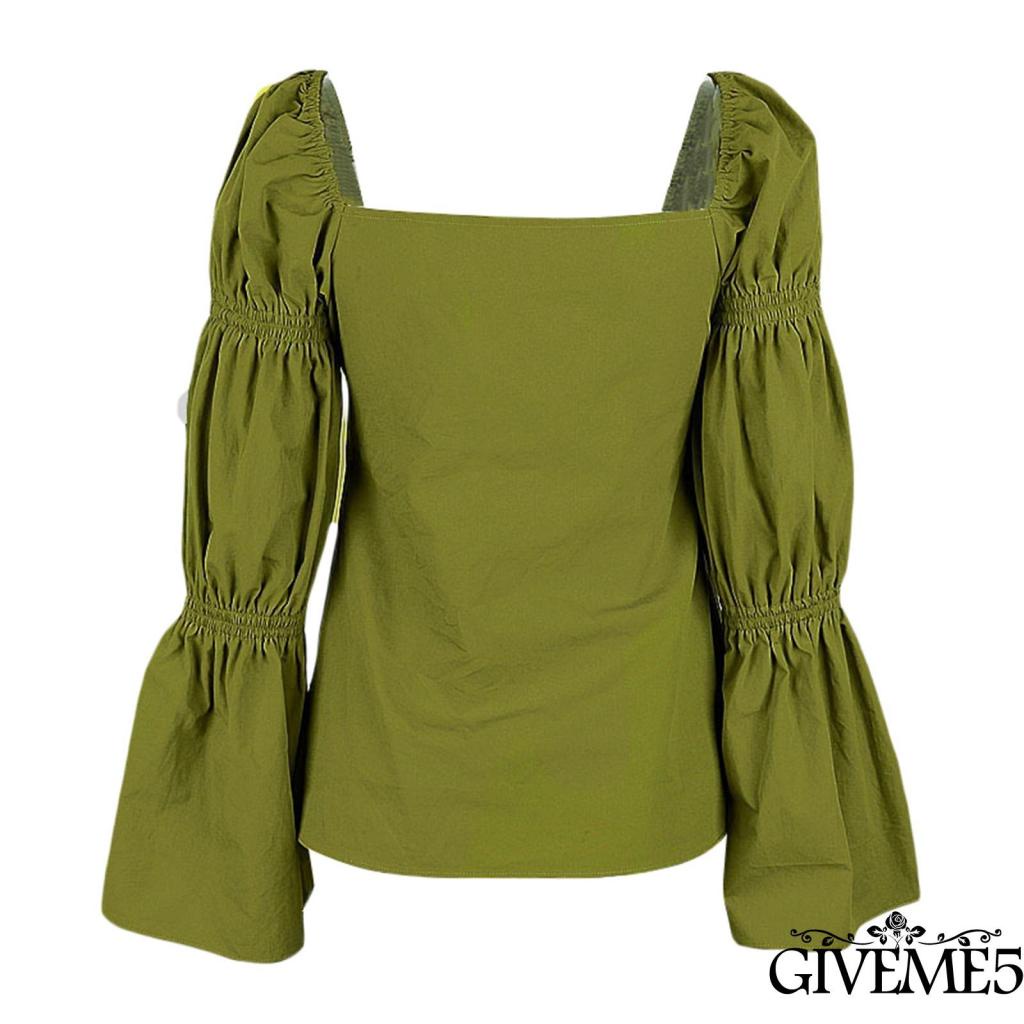 Áo Sơ Mi Tay Dài Loe Cổ Vuông Màu Trơn Xẻ Tà Trước Thời Trang Xuân Thu Cho Nữ