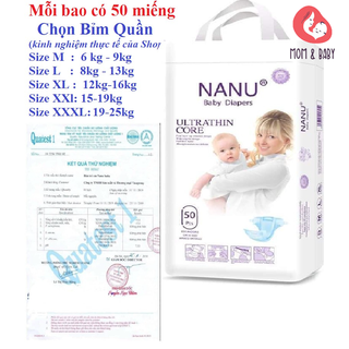 Bỉm Nanu Baby xuất Nhật bịch 50 miếng quần dán đủ size S M L XL XXL XXXL