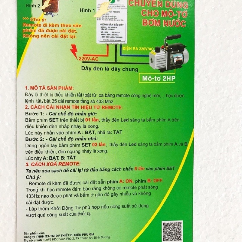 Ổ CẮM ĐIÊU KHIỂN TỪ XA 3500W CHO MOTOR MÁY BƠM NƯỚC 30-50M