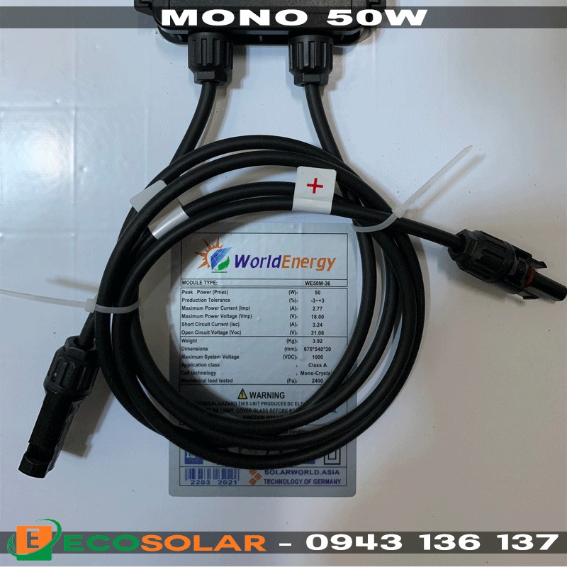 Pin năng lượng mặt trời mono 50W-18V WorldEnergy - tặng 1 cặp jack mc4 đơn