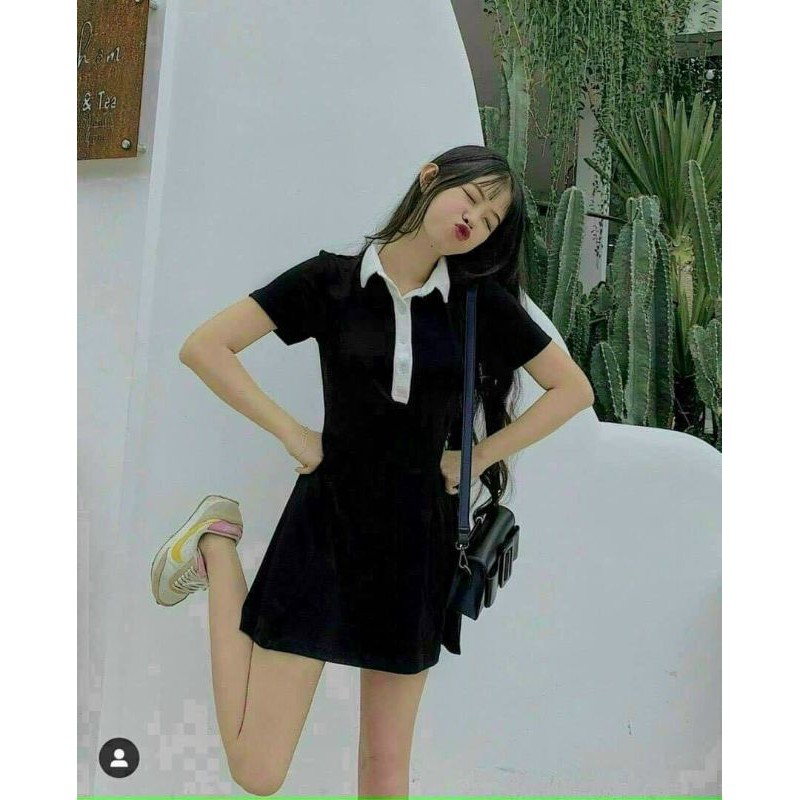 VÁY POLO DÁNG XÒE MÀU ĐEN PHỐI CỔ TRẮNG / ĐẦM POLO CỔ BẺ entyty shop - CN99 | BigBuy360 - bigbuy360.vn