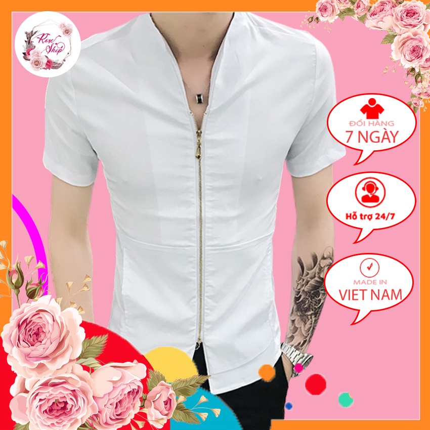 Áo sơ mi, Áo sơ mi nam cộc tay cổ phối khóa độc lạ, trẻ trung, phong cách chất vải mềm  mát N19