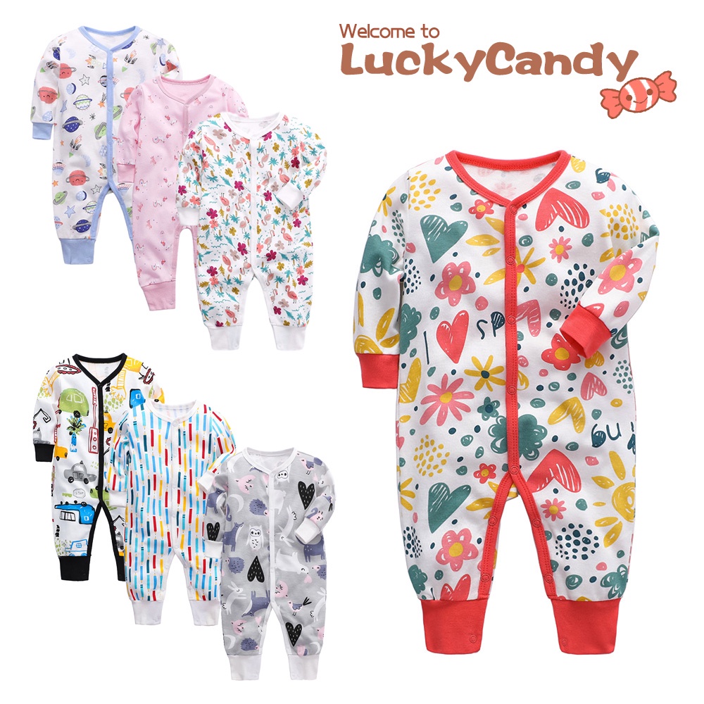 Áo liền quần LUCKYCANDY cotton dài tay phong cách mới lạ cho trẻ em 0-24 tháng tuổi
