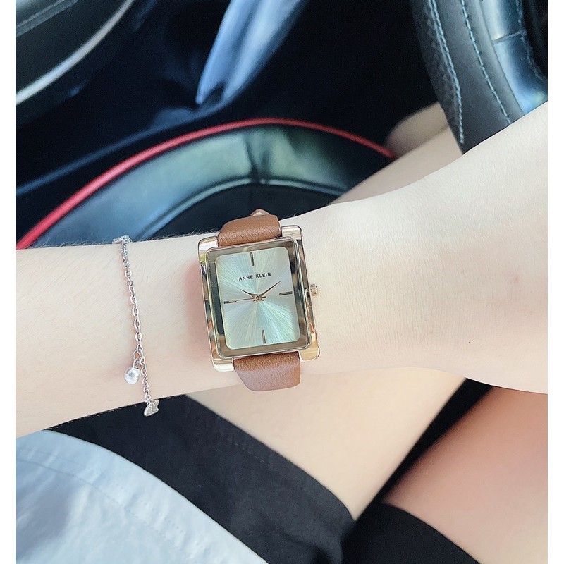 Đồng hồ nữ Anne Klein mặt chữ nhật 32mm, dây da nâu tây