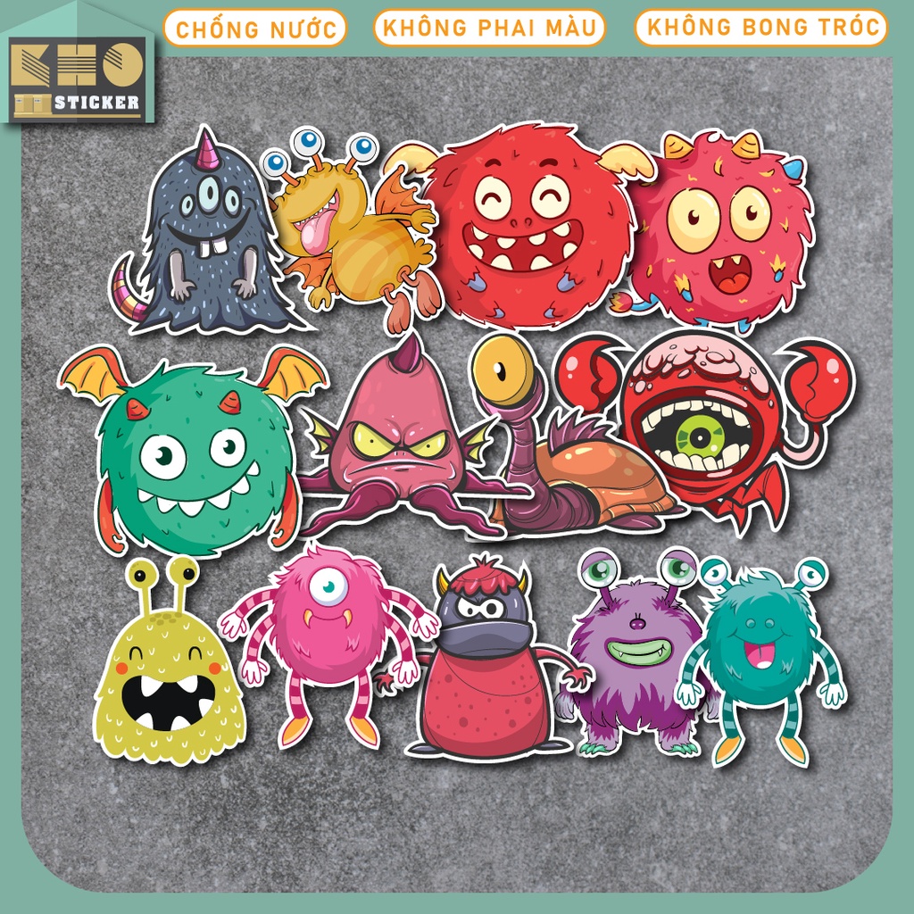 Combo 50 Sticker Funny Monster chống nước sticker dán laptop, điện thoại, đàn guitar, mũ bảo hiểm, vali. MSP: ST07
