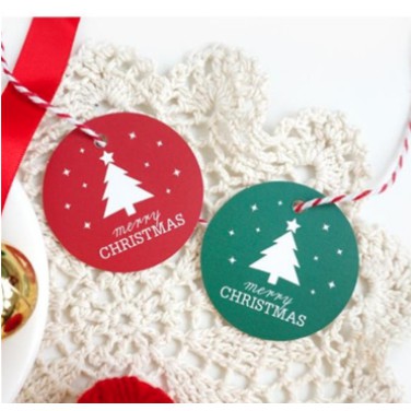 Set 10 tag có dây gắn túi bánh, hộp bánh trang trí hình cây thông Merry Christmas xanh/ đỏ