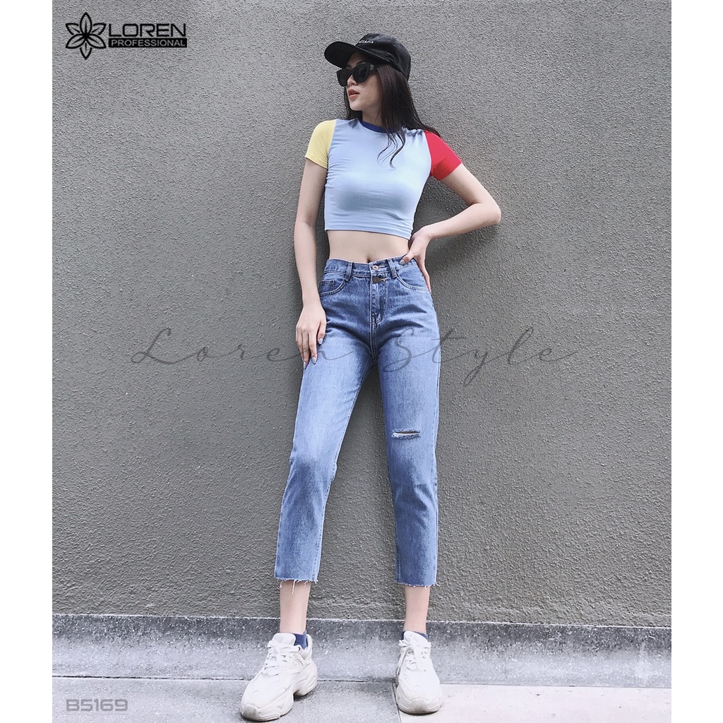 Quần jean baggy LOREN kiểu nút tua xanh B5169
