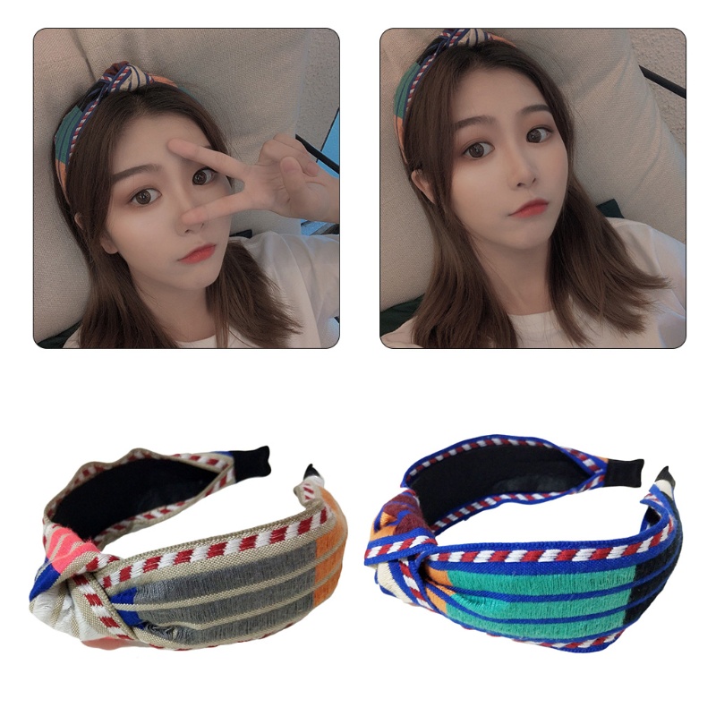 Băng Đô Dệt Kim Co Giãn Bản Rộng Kẻ Sọc Màu Sắc Phong Cách Vintage Hàn Quốc Cho Nữ