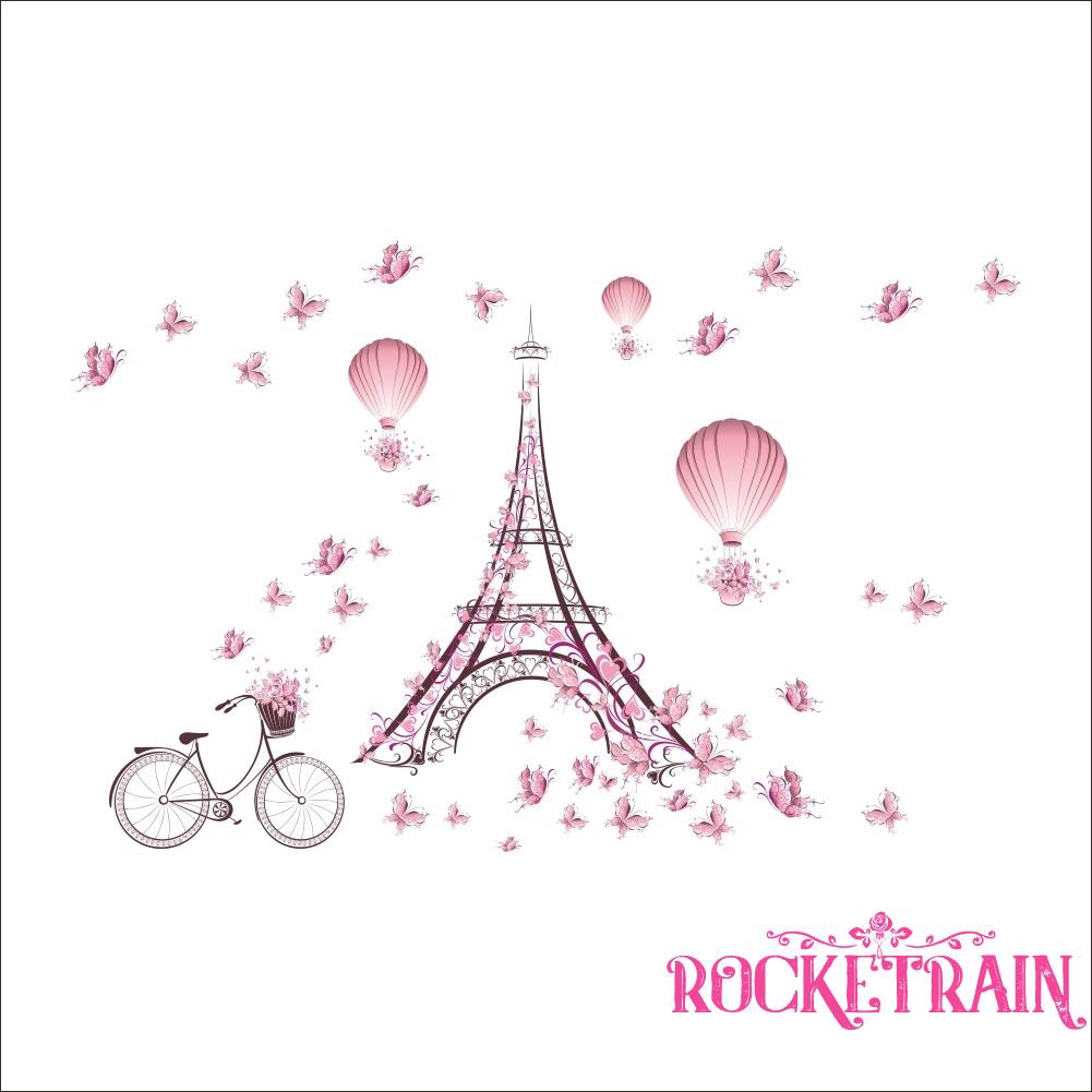 Miếng dán tường vinyl hình tháp Eiffel màu hồng