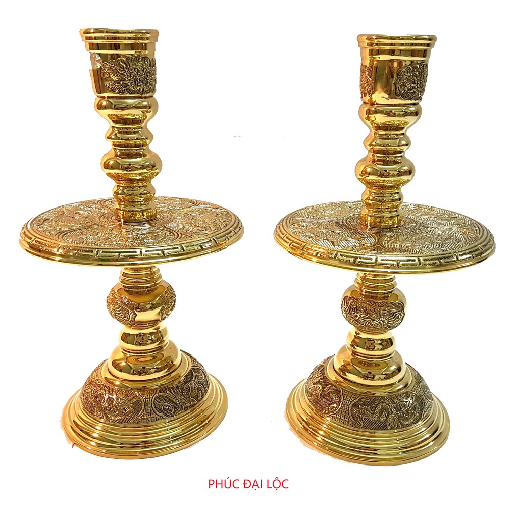 Đôi chân nến Vĩnh Tiến số 2 (VT2) cao 34 cm nặng 3 kg màu vàng sáng bóng - Đồ thờ phụng cao cấp bằng đồng