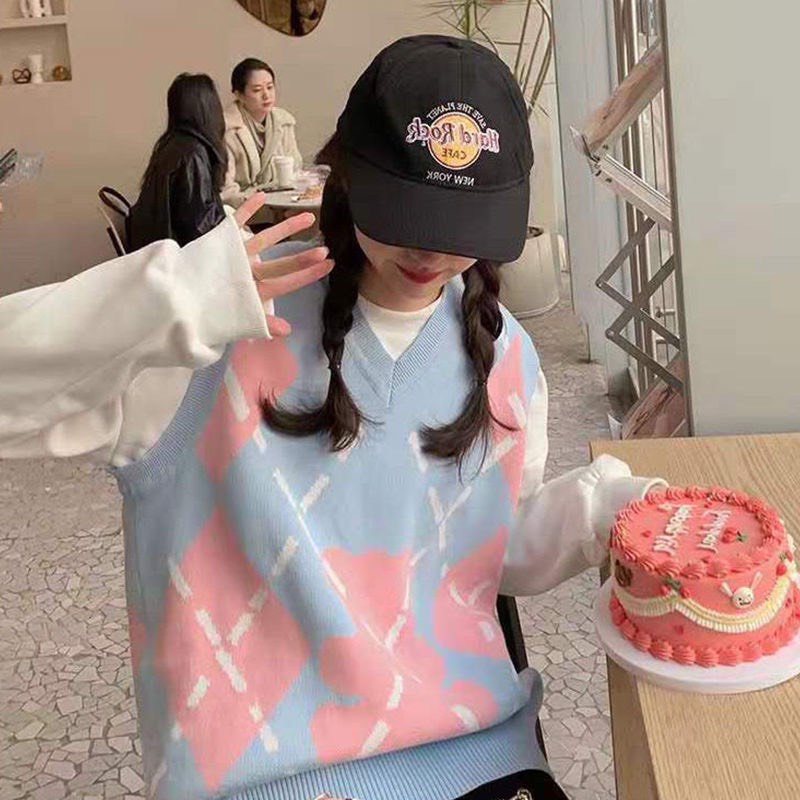 Áo Gile Len Nữ Ulzzang Hàn Quốc, Gile Len Quảng Châu Họa Tiết Gấu Phối Màu Hồng Xanh Gấu