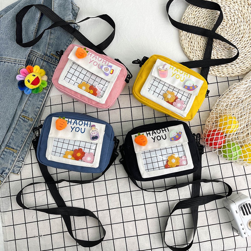 Túi Đeo Chéo Canvas Dáng Vuông Nhỏ Màu Tương Phản Thời Trang Cho Nữ