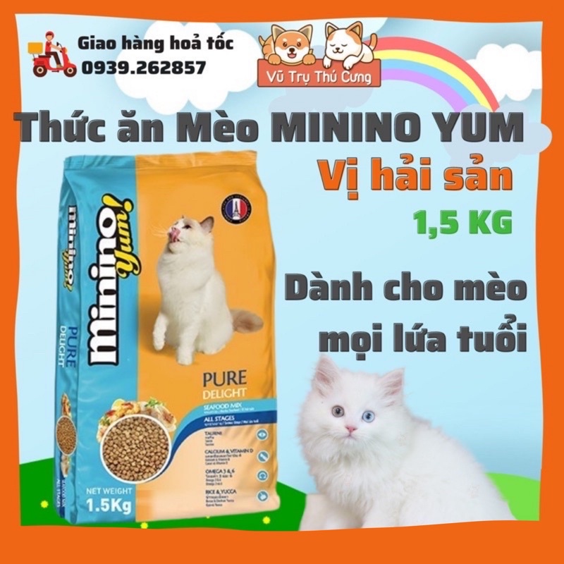 [Mã PET50K giảm Giảm 10% - Tối đa 50K đơn từ 250K] Thức ăn hạt cho mèo mọi lứa tuổi MININO YUM vị hải sản 1.5Kg