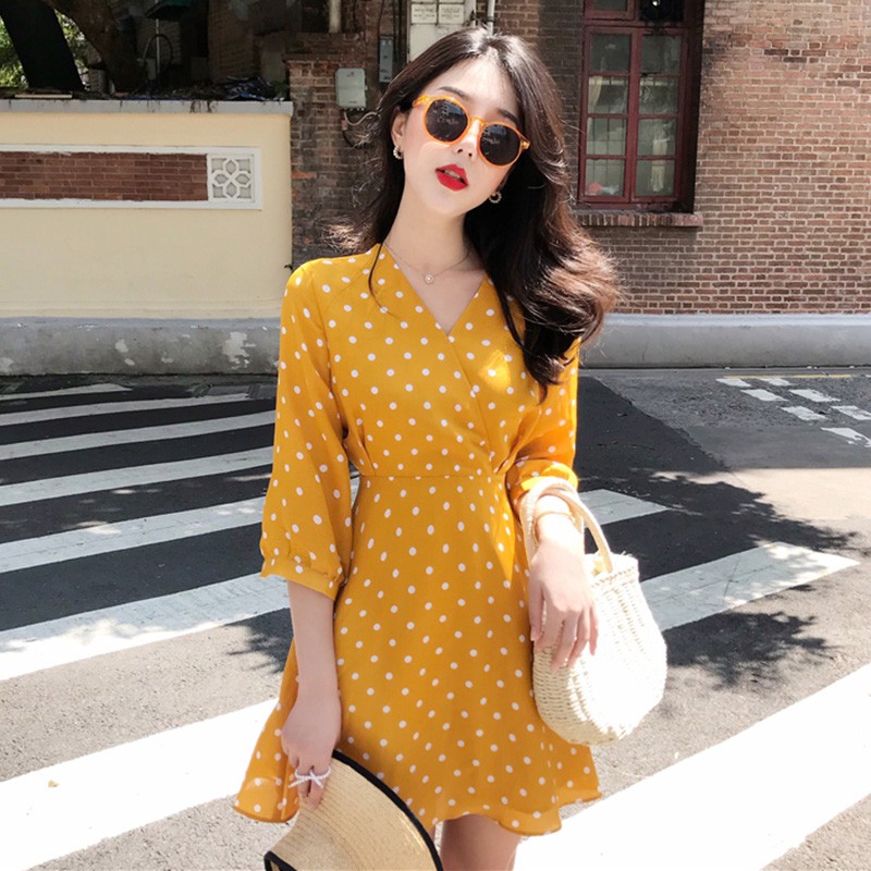 (SẴN S) Váy thắt eo chấm bi tiểu thư
