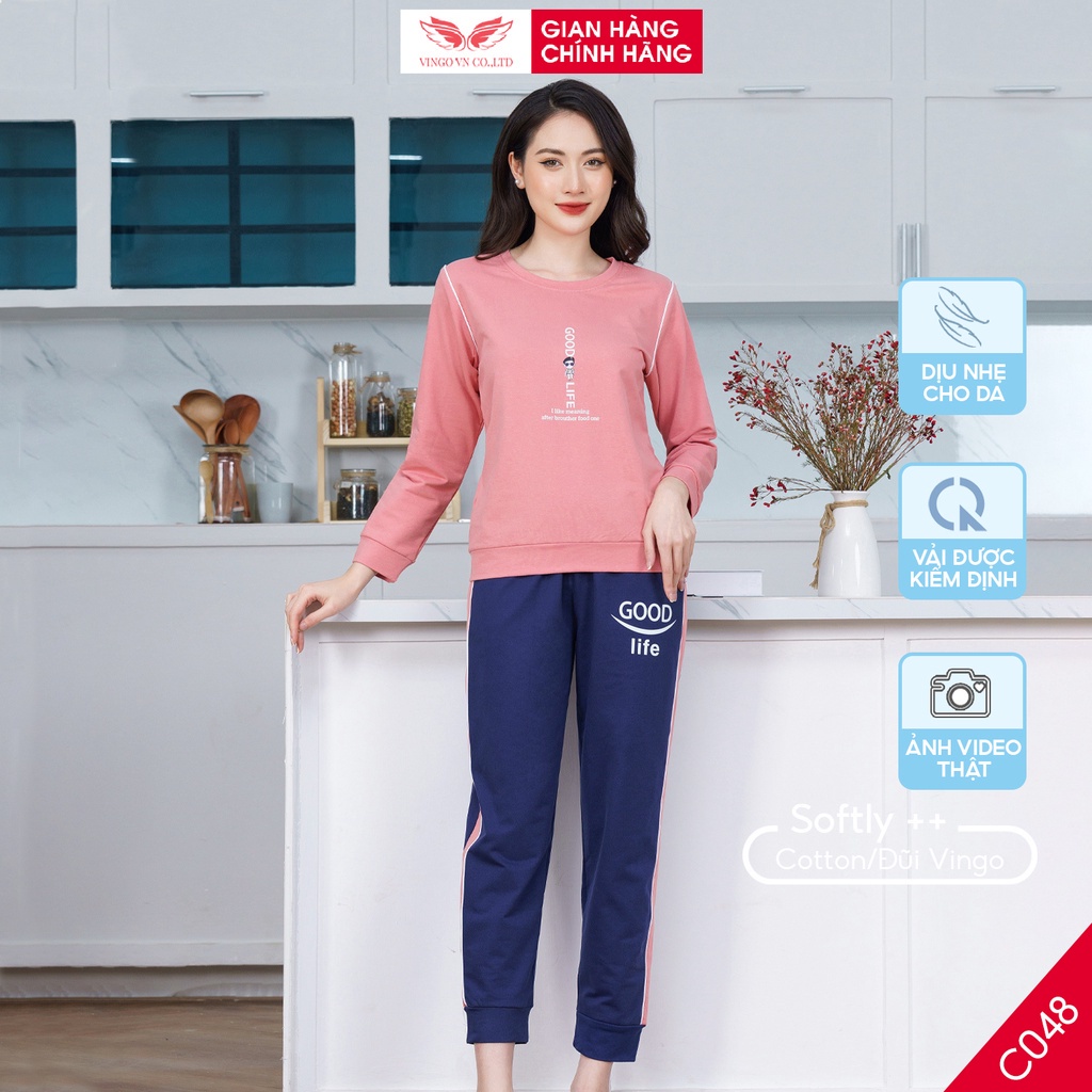 Đồ bộ nữ Pijama mặc nhà cotton cao cấp VINGO tay dài quần dài cổ tròn nhiều màu C048 VNGO