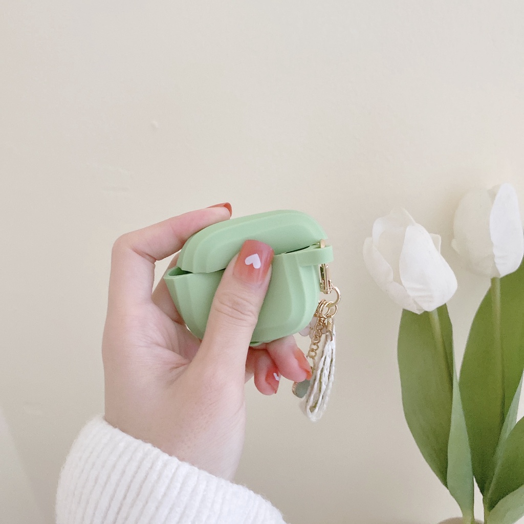 Vỏ Bảo Vệ Hộp Sạc Tai Nghe Airpod 1 2 3 pro Bằng tpu Mềm Hình Vuông Màu Xanh Matcha Phối Vải Họa Tiết Trái Tim