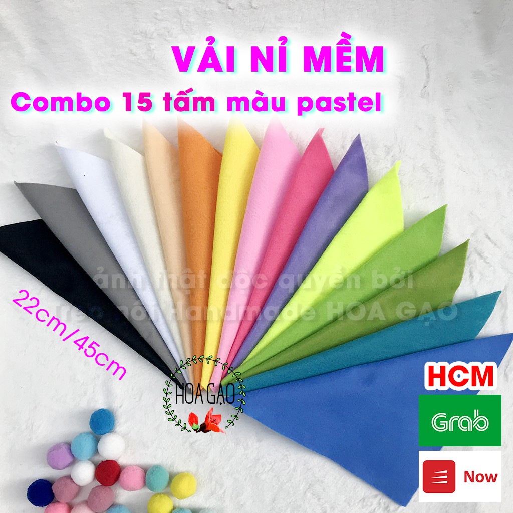 Vải nỉ mềm, combo 15 tấm 22cm HOA GẠO GNMB2A màu pastel làm hoa vải, nơ kẹp tóc, vải dày không tưa chỉ