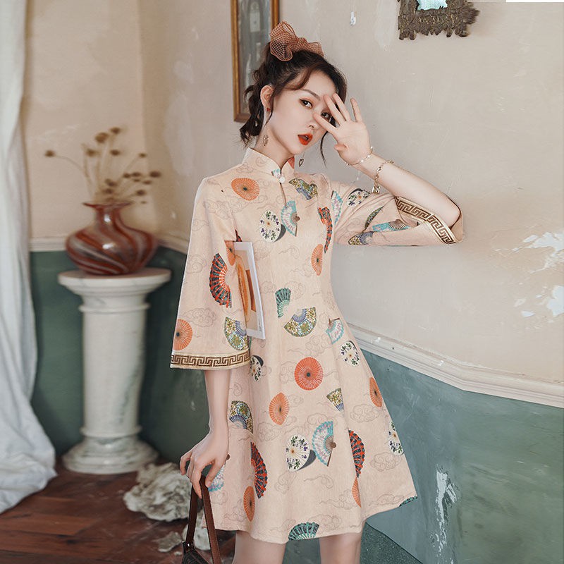 Đầm sườn xám cách tân dáng chữ A tay dài phong cách Trung Quốc thời trang mùa xuân cho nữ