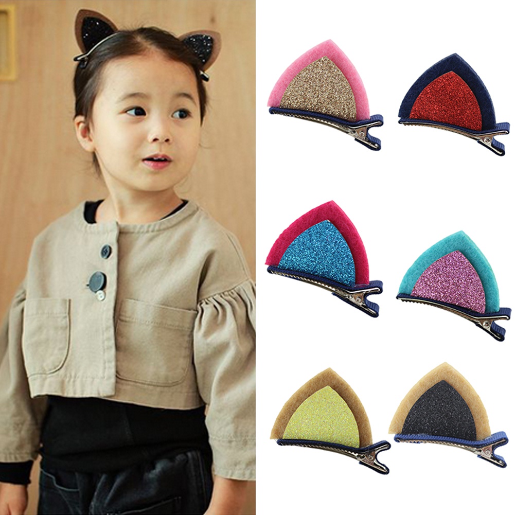 1 Cặp Kẹp Tóc Hình Tai Mèo Đính Kim Sa Dễ Thương Cho Bé
