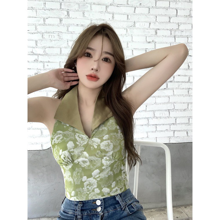 Áo kiểu nữ sát nách áo cổ yếm lụa chun lưng 1993S Boutique mã 4193