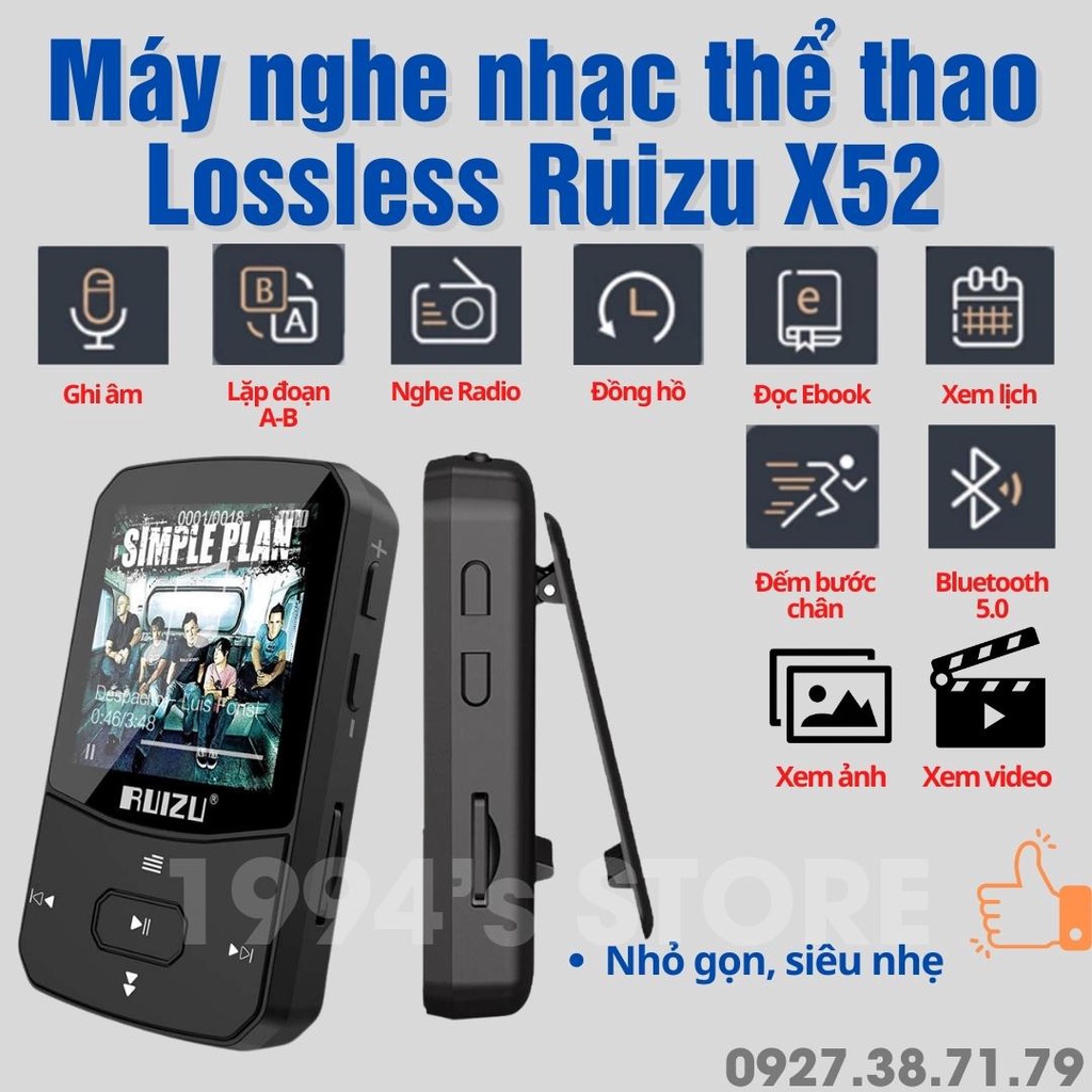 Máy nghe nhạc thể thao Bluetooth RUIZU X52 Lossless - Bộ nhớ 8Gb - Có kẹp áo - Siêu gọn và nhẹ - Bluetooth 5.0