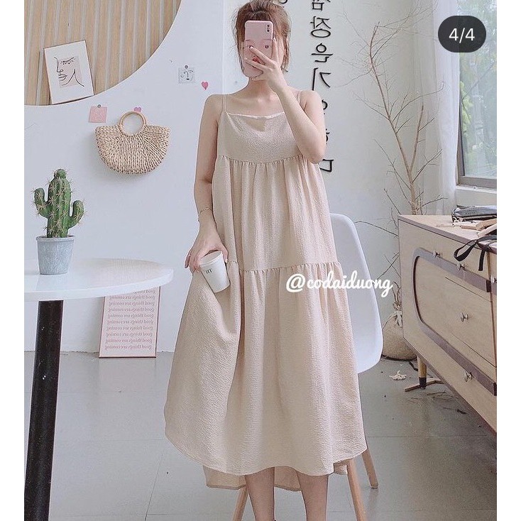 ĐẦM 2 DÂY BABYDOLL XÒE XẾP TẦNG VẢI XỐP BỒNG, DÂY VAI ĐIỀU CHỈNH, VÁY ĐI BIỂN MÙA HÈ