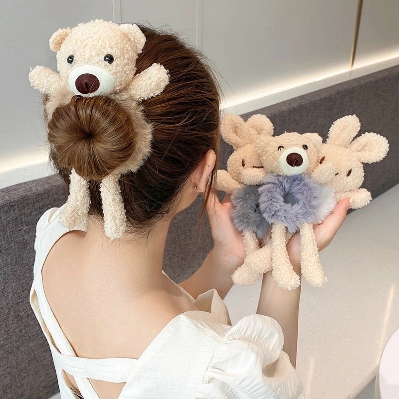 Dây Buộc Tóc Đính Nơ Hình Gấu Bông Mềm Mại Co Giãn Dành Cho Nữ