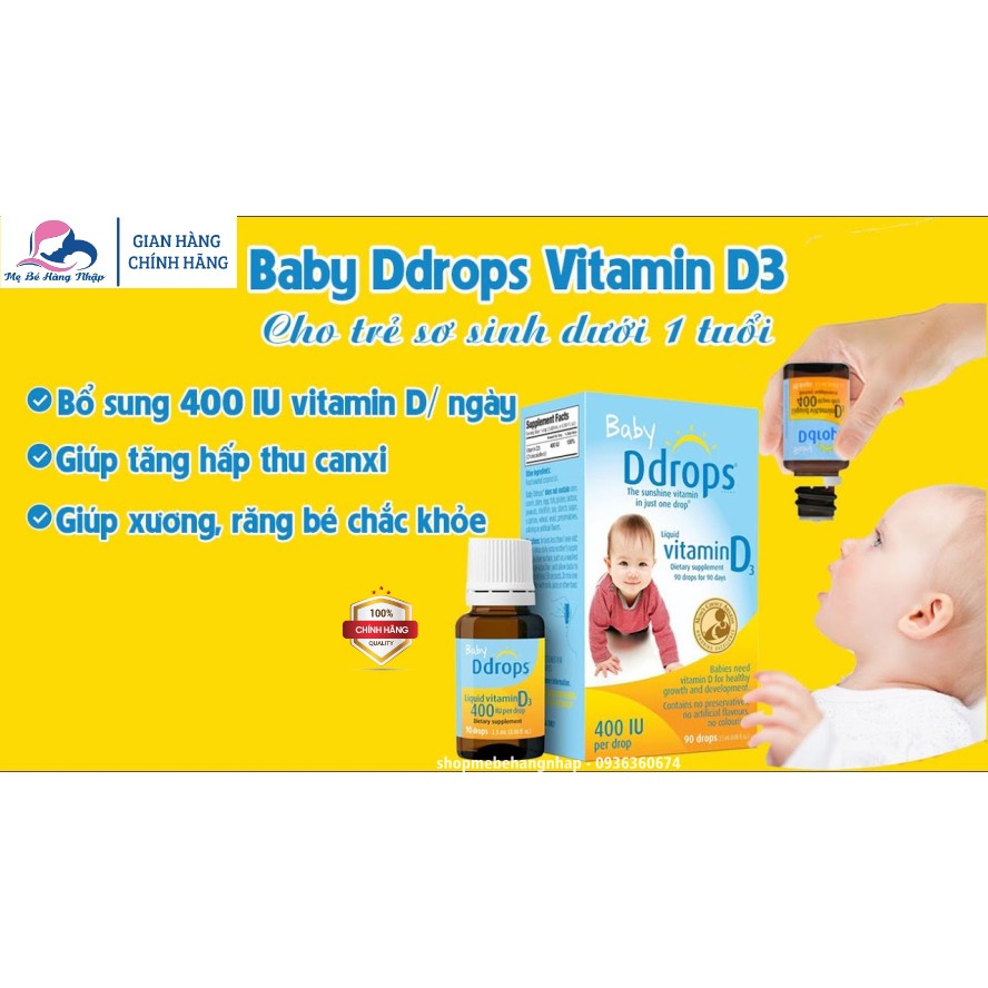 Baby Ddrops Vitamin D3 ddrop cho trẻ sơ sinh - 90 giọt Mỹ