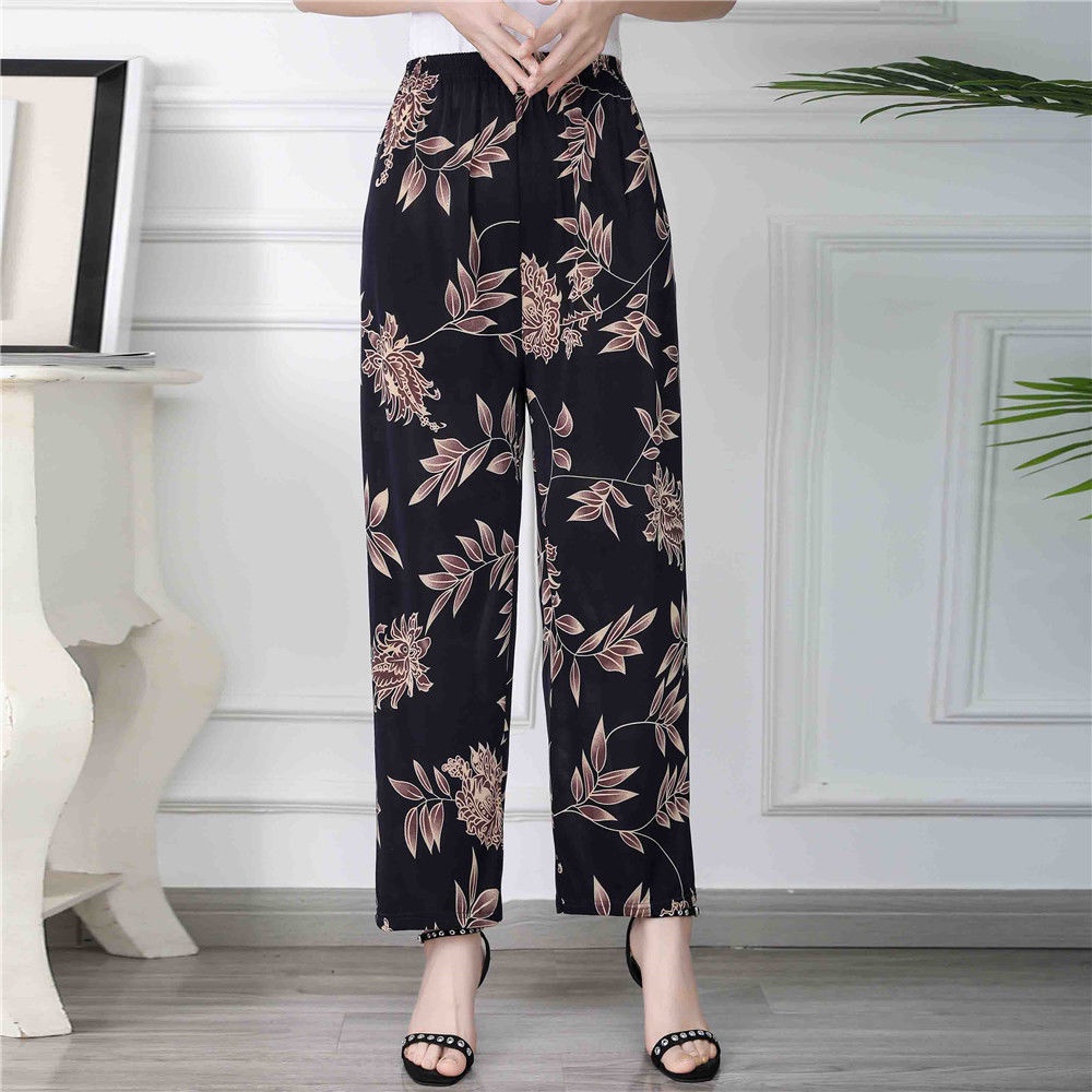 Quần Lụa Lạnh Mỏng Ống Rộng Co Giãn In Họa Tiết Hoa Thời Trang Mùa Hè Cho Phụ Nữ Trung Niên